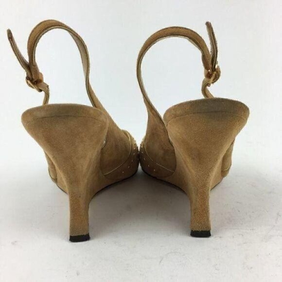 Nina Heels Size 8 38 tan Suede Studded Peep Toe Wedges - Picture 3 of 8